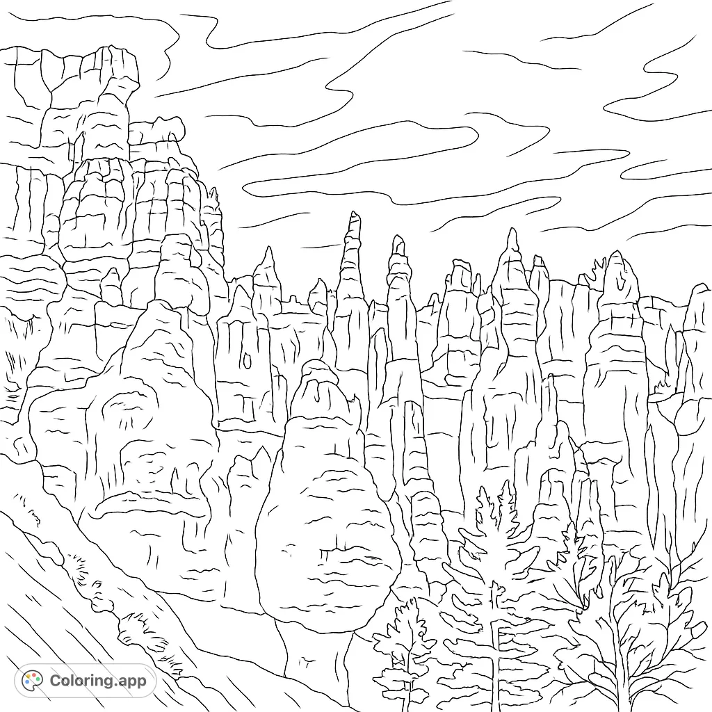 Explore a majestic canyon landscape with towering hoodoos and intricate rock formations. A detailed nature scene perfect for a challenging coloring experience.