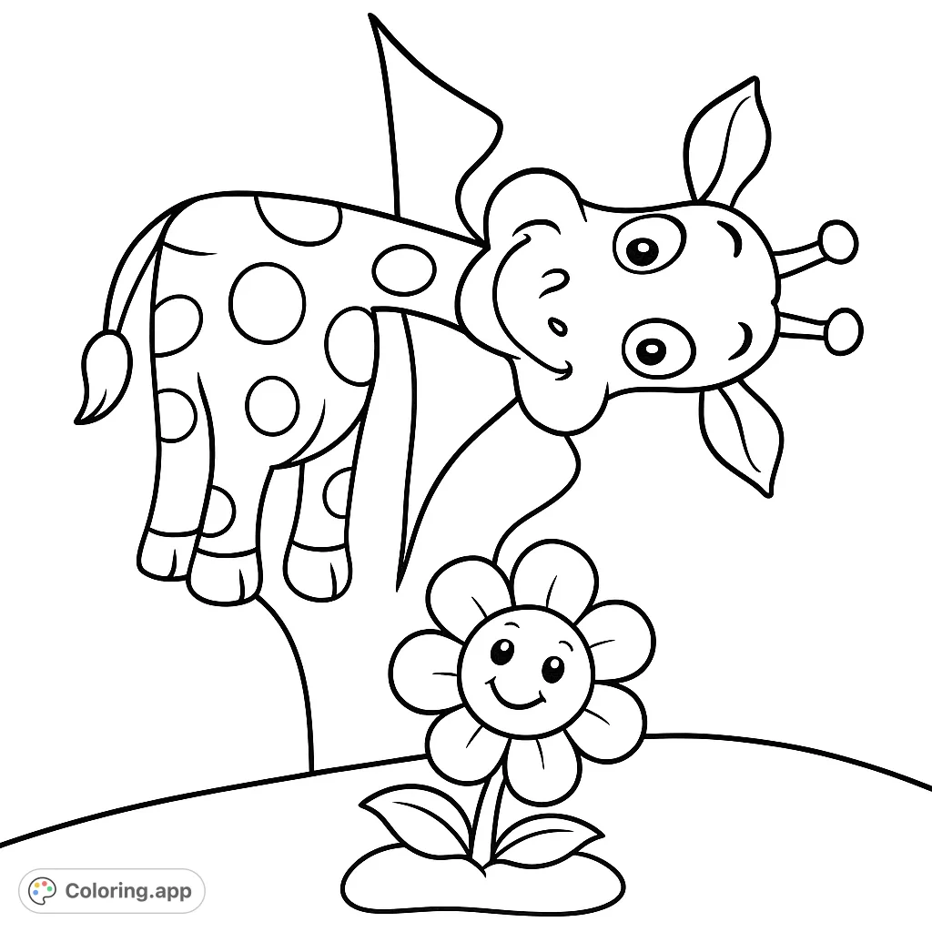 A delightful coloring page featuring a smiling cartoon giraffe peeking from behind a large leaf, alongside a cheerful flower friend. Perfect for young artists!