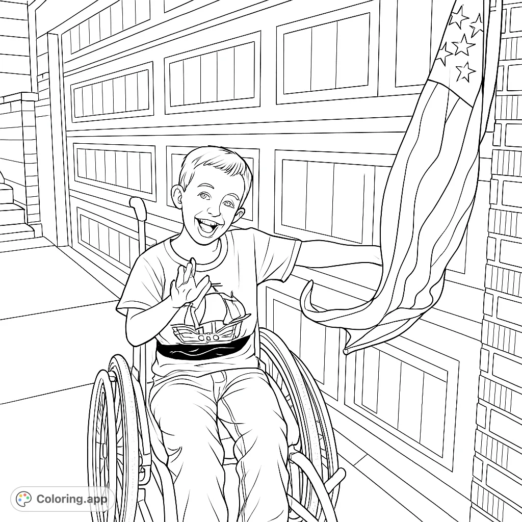 A heartwarming coloring page featuring a smiling child in a wheelchair holding a patterned flag. Celebrate joy, inclusivity, and national pride.