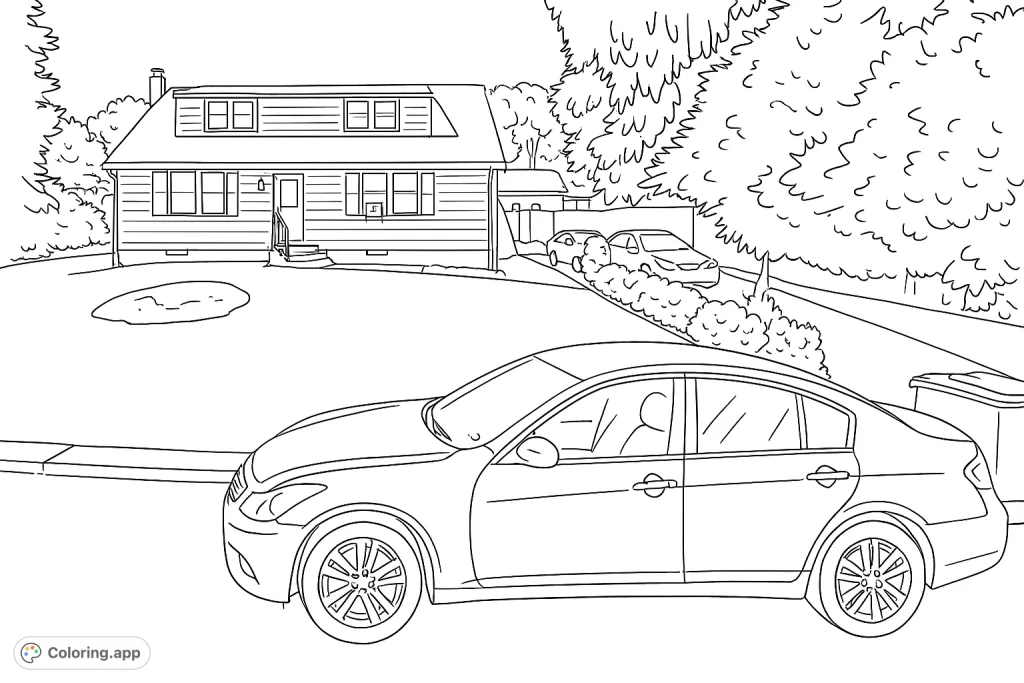 Explore a charming suburban house with a sloped lawn, parked cars, and lush trees. A detailed scene ready for your creative touch!