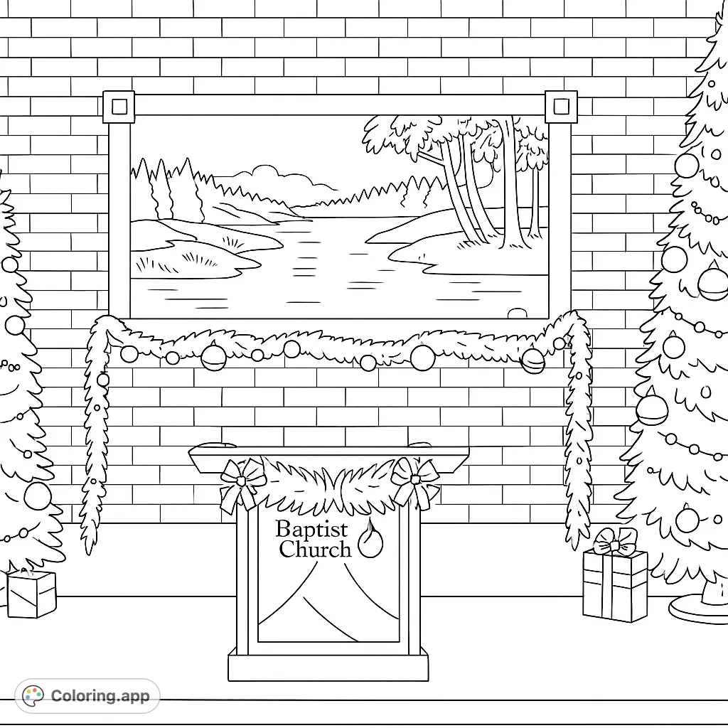 A grand fireplace mantle adorned with festive garlands and ornaments, flanked by decorated Christmas trees, all set against a landscape painting.