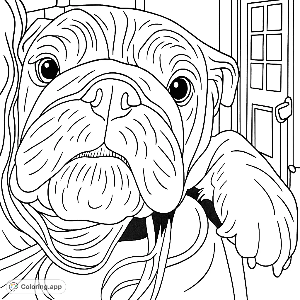 Capture the charming wrinkles and soulful gaze of a friendly bulldog in this detailed close-up portrait. Perfect for animal lovers and detailed coloring fun.