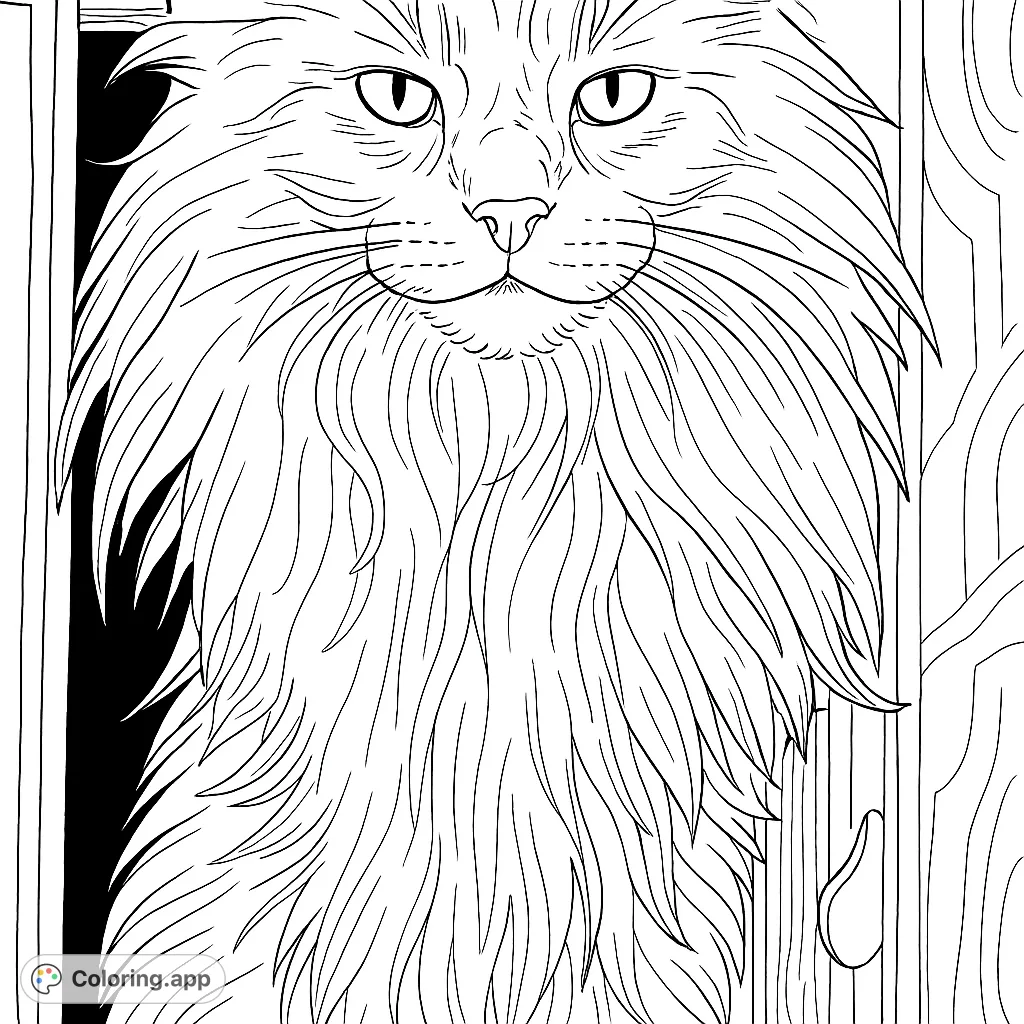 A close-up of a majestic long-haired cat with an exceptionally fluffy mane, perfect for a relaxing animal-themed coloring experience.