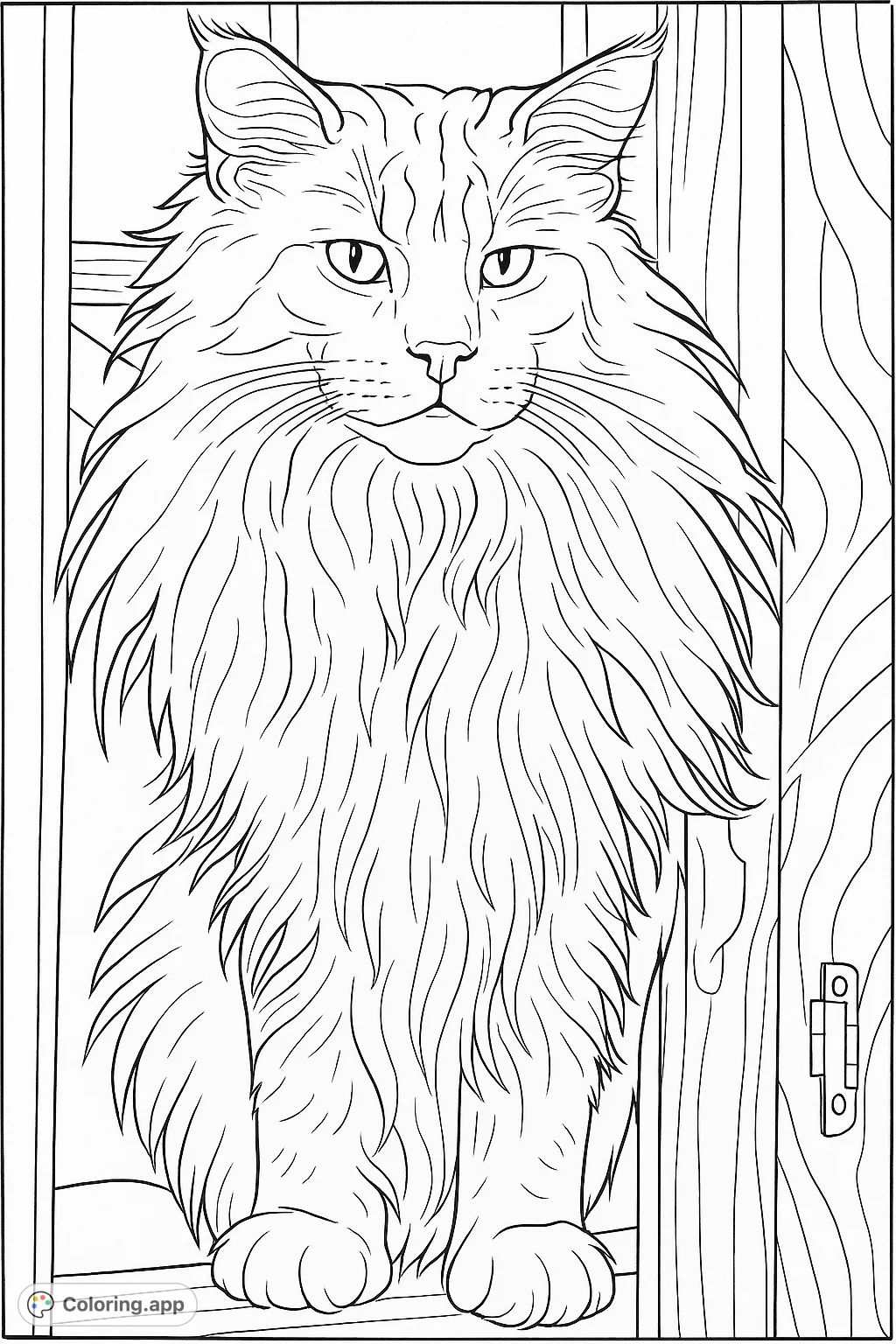 Capture the regal essence of a magnificent long-haired cat with its striking ruff and expressive face. A detailed feline portrait perfect for creative colorists.