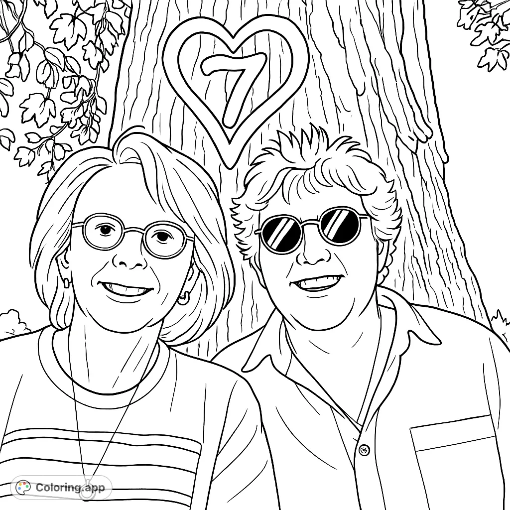 Capture a moment of connection with two smiling individuals by a significant tree, featuring a unique heart-shaped detail, perfect for a storybook illustration. This free printable coloring page is great for all ages.