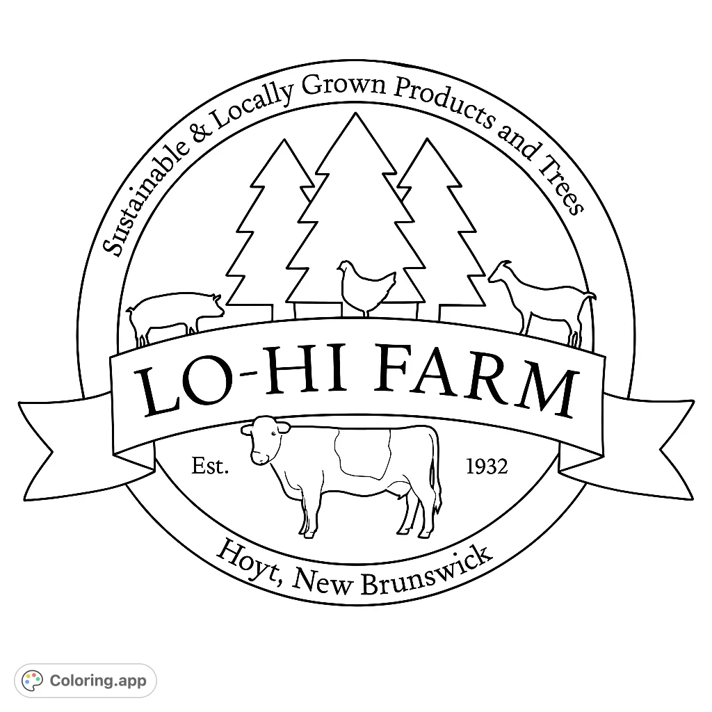 A charming farm emblem featuring diverse farm animals, evergreen trees, and a detailed cow, set within a rustic ribbon and circular frame, perfect for farm-themed fun.