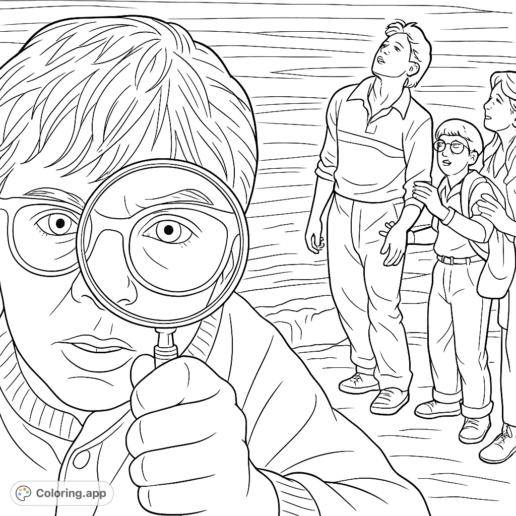 An adventurous scene featuring a curious explorer with a magnifying glass and a group looking skyward, perfect for discovery themed coloring.