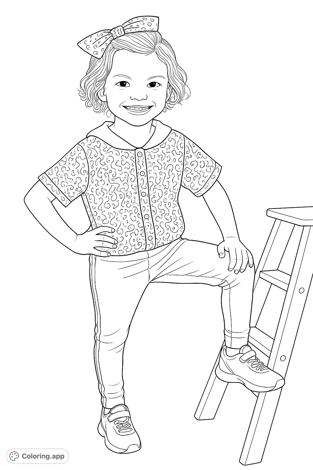 A cheerful child in a patterned top and pants strikes a fun pose with a small ladder. Perfect for young artists to express creativity with vibrant shades.