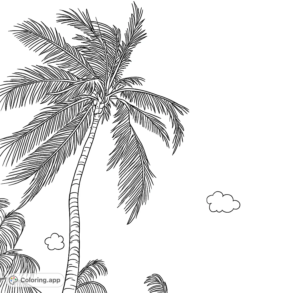 Escape to a tropical paradise with this striking palm tree coloring page. Features a tall palm against an open sky, perfect for a relaxing creative session.