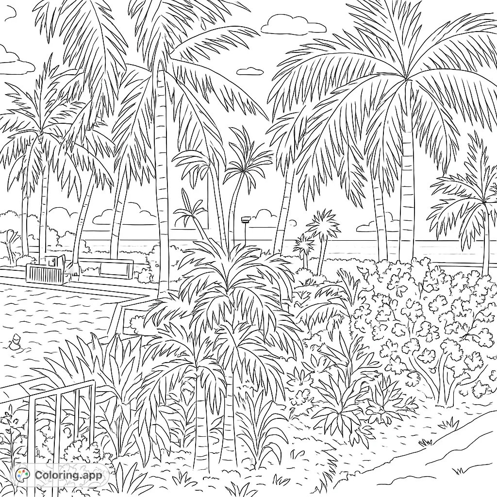 Dive into a tropical oasis with this coloring page! Featuring a sparkling pool, swaying palm trees, and lush foliage by the ocean. Perfect for a relaxing escape.