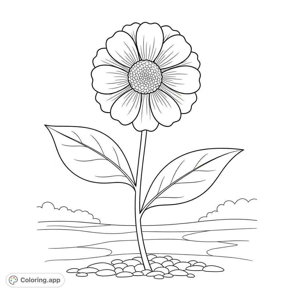 A beautiful, simple flower coloring page featuring a graceful blossom with delicate petals, a slender stem, and broad leaves, perfect for peaceful coloring.