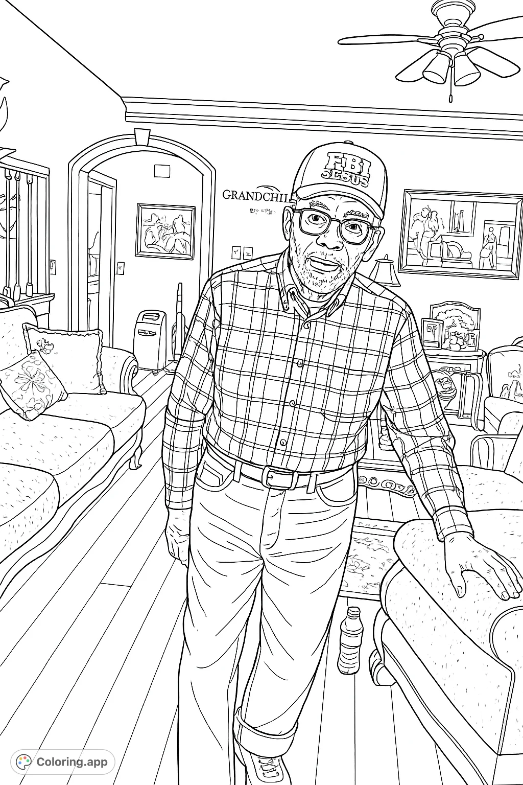A detailed coloring page featuring an elderly man in a plaid shirt and cap, standing in a cozy living room with furniture and wall decorations.