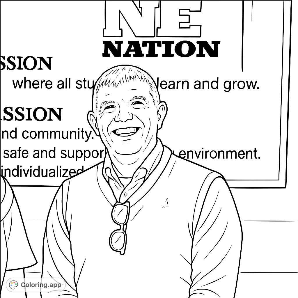 Color a cheerful portrait of a man in a vest with a bright smile. Features include his attire and a textual background, perfect for personalization.