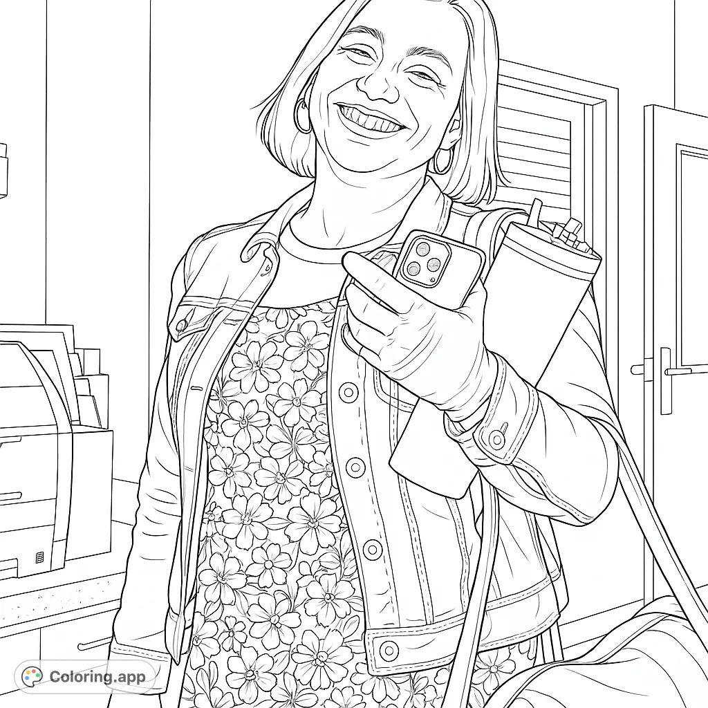 A cheerful woman in a denim jacket and intricate floral dress, holding a phone and tumbler, set against a casual indoor background.