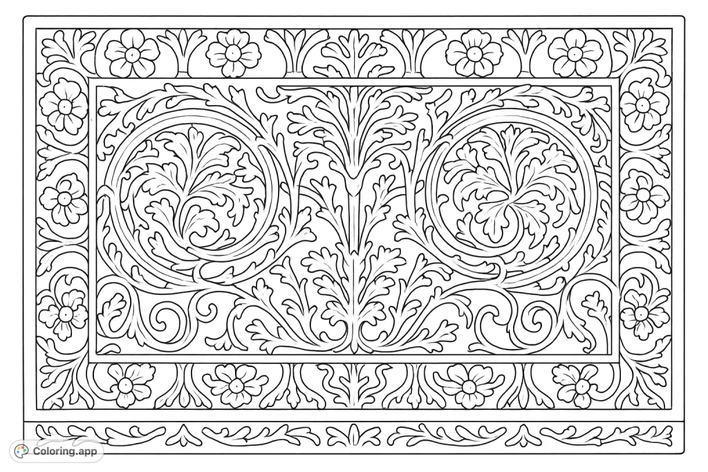 Unearth history with this intricate ancient carving coloring page. Features symmetrical acanthus leaves, floral rosettes, and detailed architectural patterns.