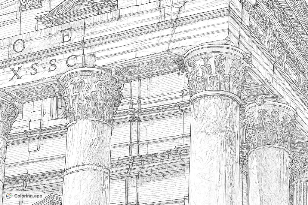 Explore an ancient Roman architecture coloring page, featuring majestic weathered columns, intricate Corinthian capitals, and historical inscriptions. Highly detailed.