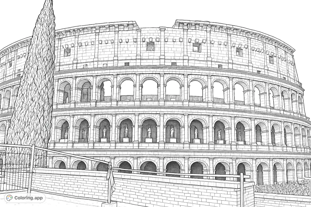 Explore the grandeur of the ancient Roman Colosseum, a highly detailed architectural marvel. This realistic scene includes a majestic tree, perfect for history enthusiasts.