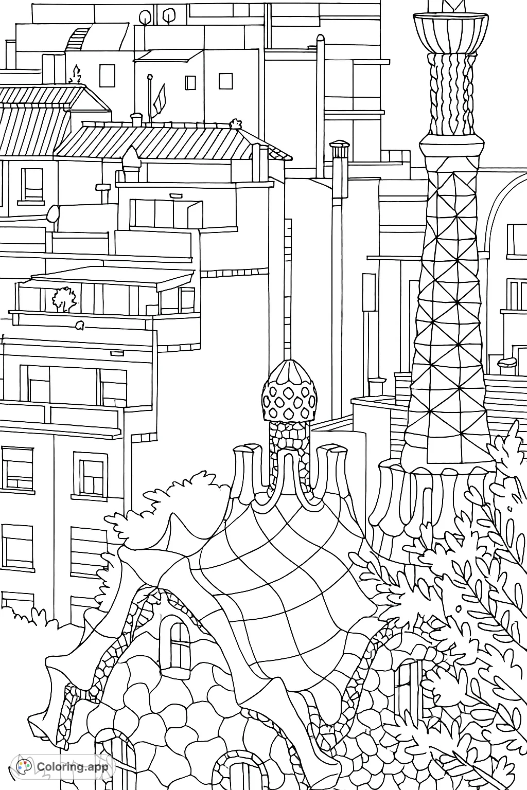 Explore intricate mosaic-covered structures and a vibrant cityscape. A detailed architecture coloring page featuring unique designs and charming rooftop views.