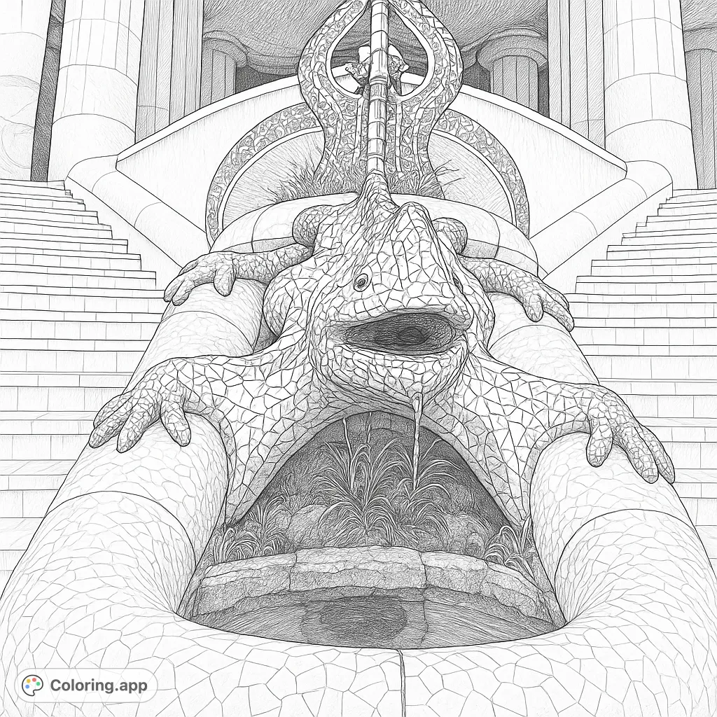 Immerse yourself in the detailed world of this Gaudi-inspired mosaic lizard fountain. A highly detailed free printable coloring page perfect for art enthusiasts.