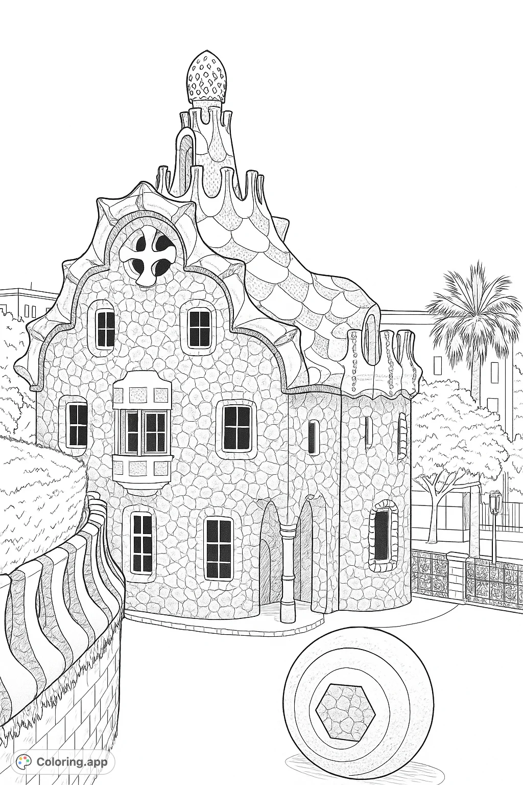 Explore an iconic whimsical building with intricate facade textures and a mosaic-like roof, offering a highly detailed and delightful coloring challenge.