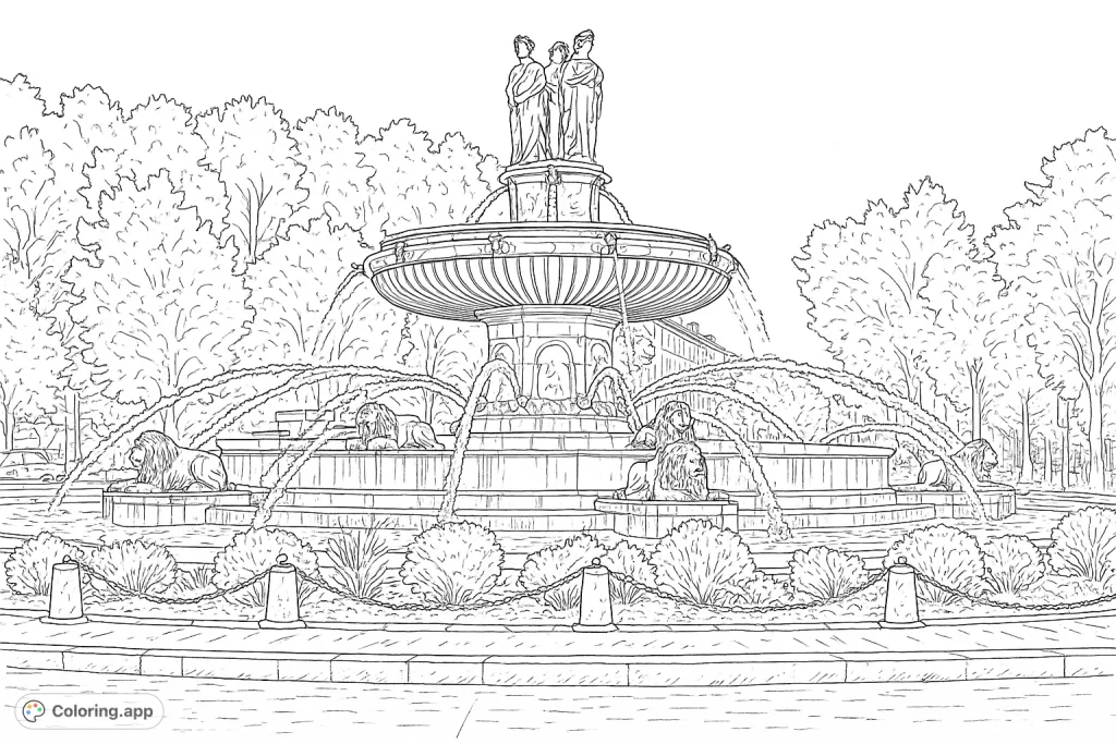 Discover a majestic classical fountain adorned with statues of figures and powerful lions, surrounded by lush foliage and flowing water. A detailed architectural delight.