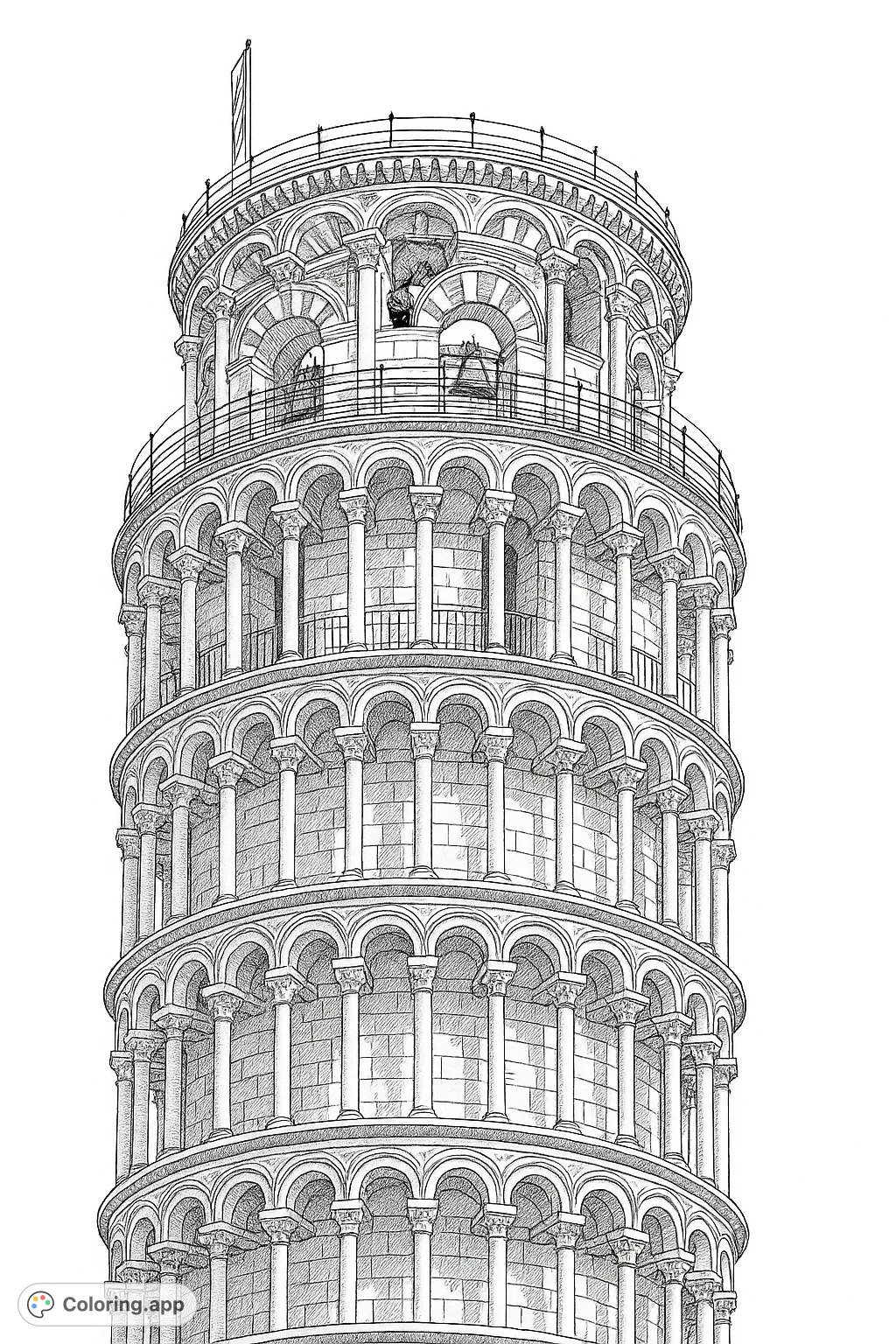 Explore the majestic details of the famous Leaning Tower of Pisa! This highly detailed architecture coloring page offers intricate arches, columns, and bell chambers.