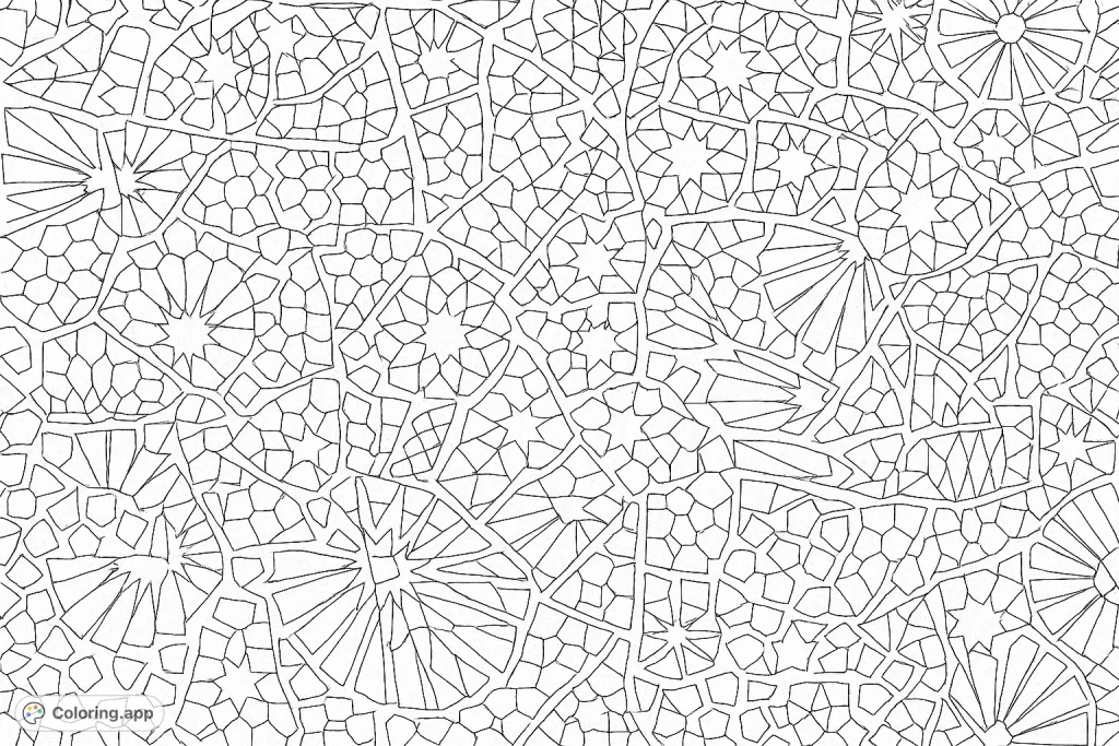 Explore a stunning, highly detailed geometric mosaic coloring page featuring a complex array of interlocking tile fragments, each with unique patterns. Perfect for a challenging and rewarding creative experience.