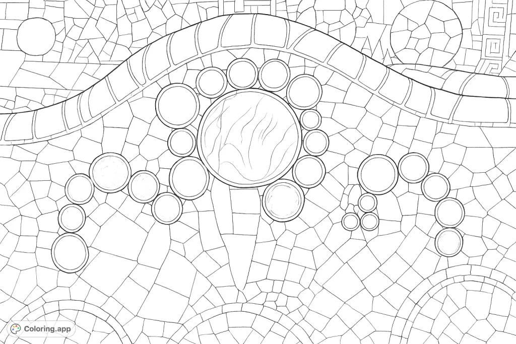 Explore an intricate mosaic pattern, perfect for detailed coloring. Features fragmented tiles and diverse circular elements, offering a realistic artistic challenge.