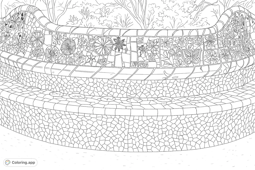 Discover an intricate mosaic bench, featuring detailed patterns, geometric shapes, and embossed elements. A challenging and rewarding coloring experience.