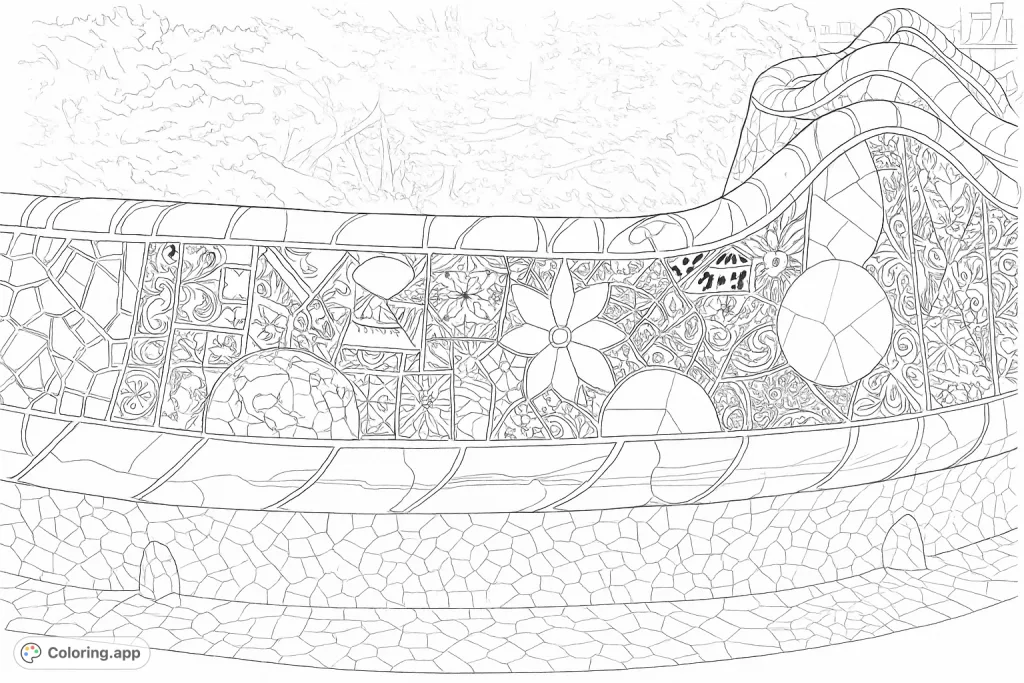 Explore an intricate mosaic park bench, adorned with complex patterns and designs. This highly detailed coloring page offers a realistic challenge for art enthusiasts.