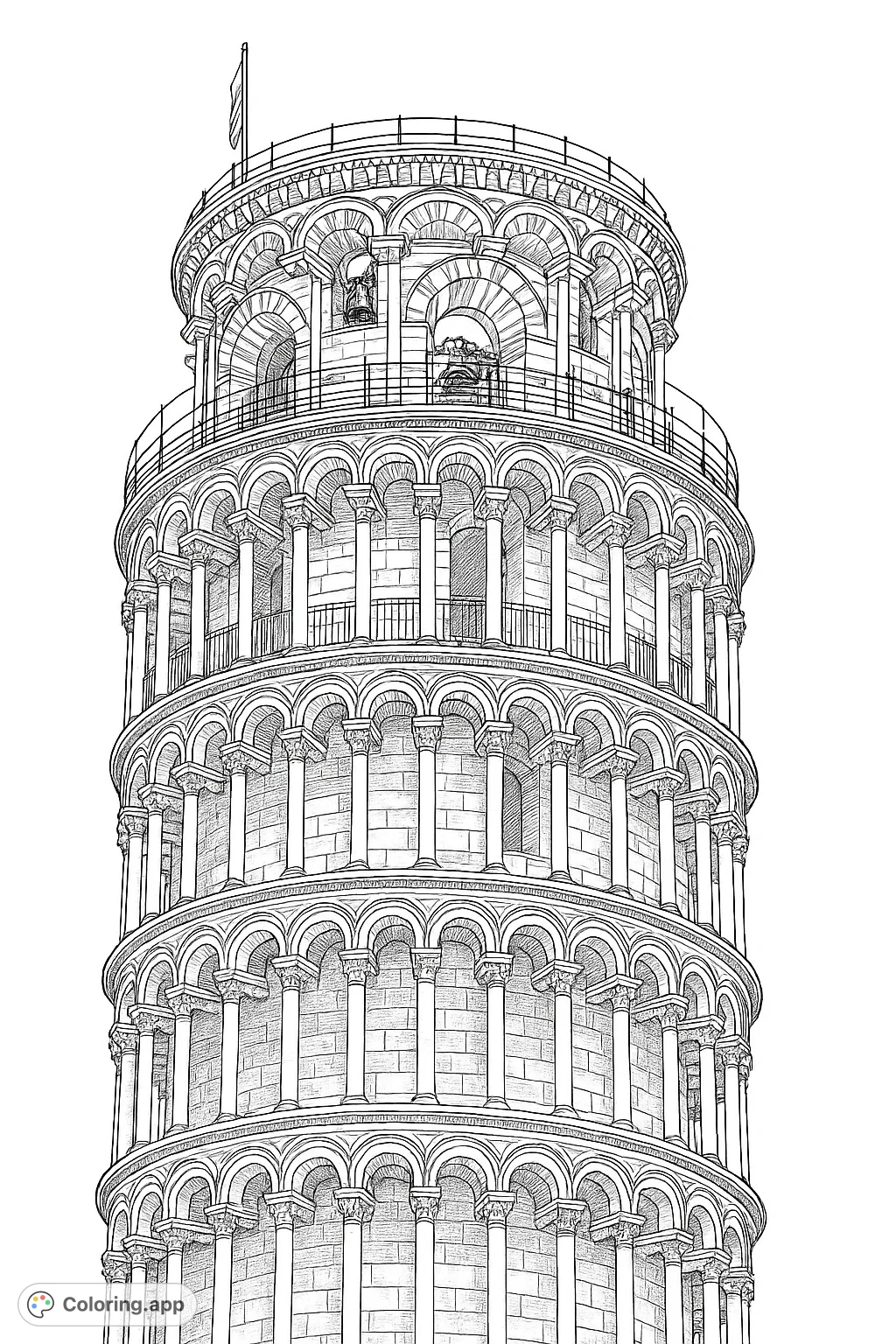 Explore the iconic architecture of the Leaning Tower of Pisa, with intricate arches and columns ready for your creative touch. A detailed landmark coloring page.