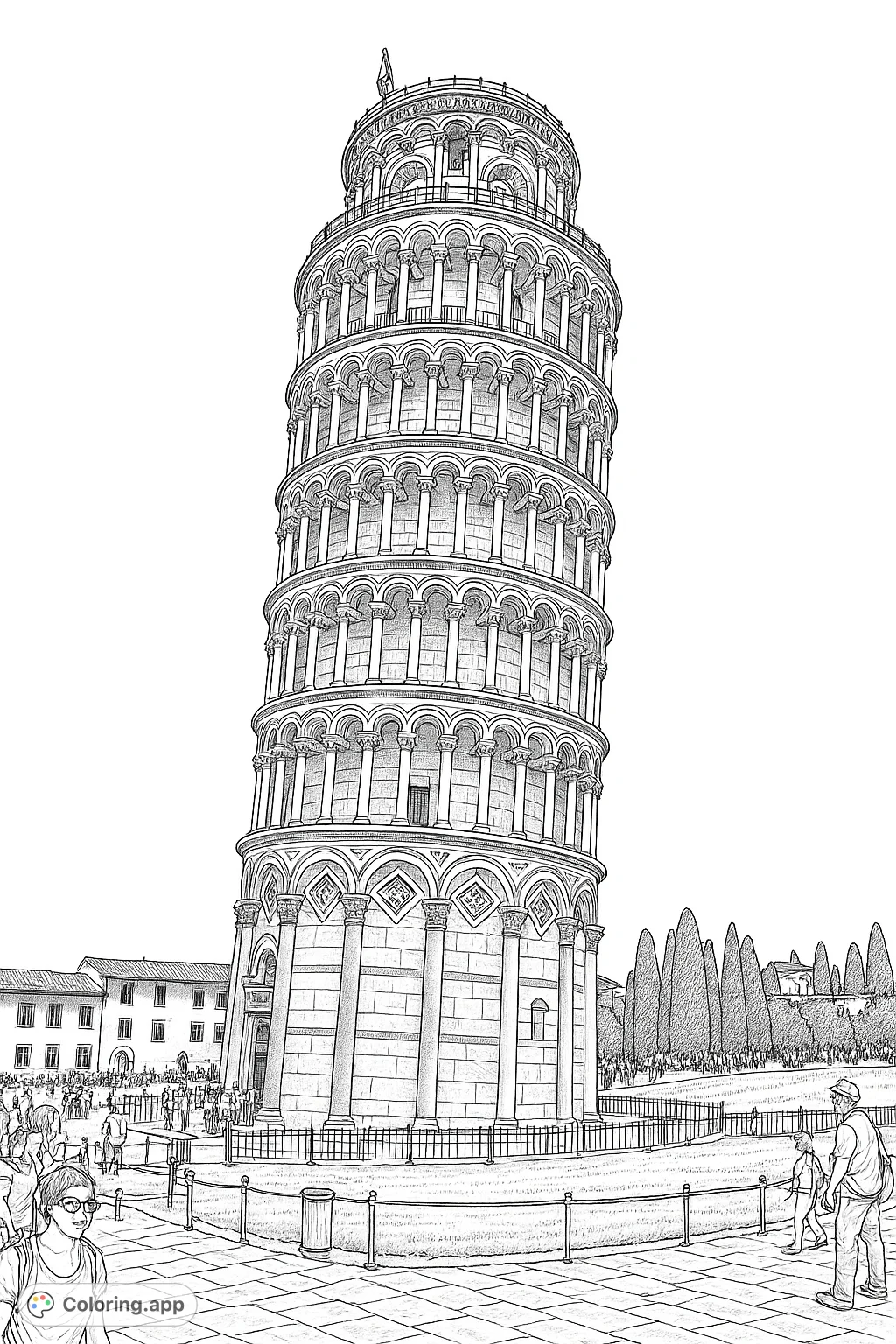 Explore the iconic Leaning Tower of Pisa in this highly detailed coloring page. Perfect for architectural enthusiasts and travel dreamers. Free printable!