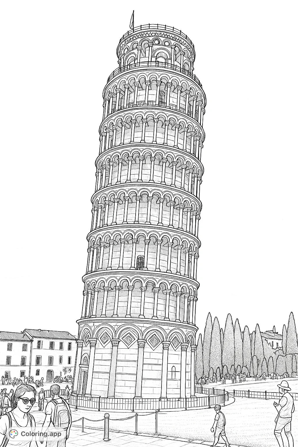 Explore the iconic Leaning Tower of Pisa, a marvel of historic architecture with intricate columns and arches, ready for your creative touch to bring it to life.