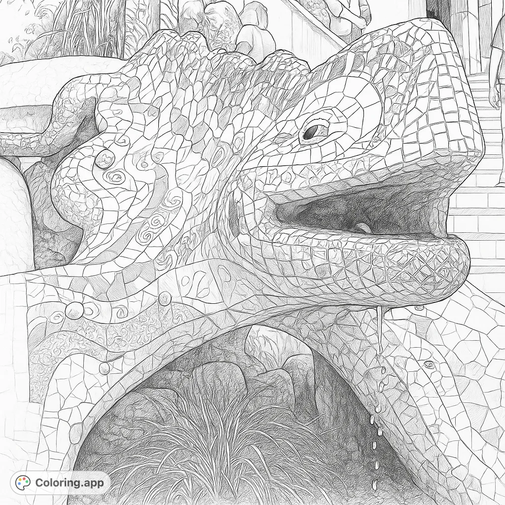 Immerse yourself in the intricate details of a majestic mosaic dragon fountain. A highly detailed architectural masterpiece, perfect for creative expression.