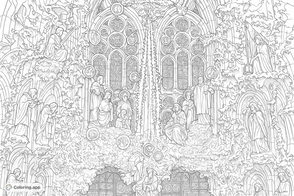 Explore a highly detailed cathedral facade with intricate stone carvings, numerous figures, and ornate window designs. A challenging architectural coloring page.
