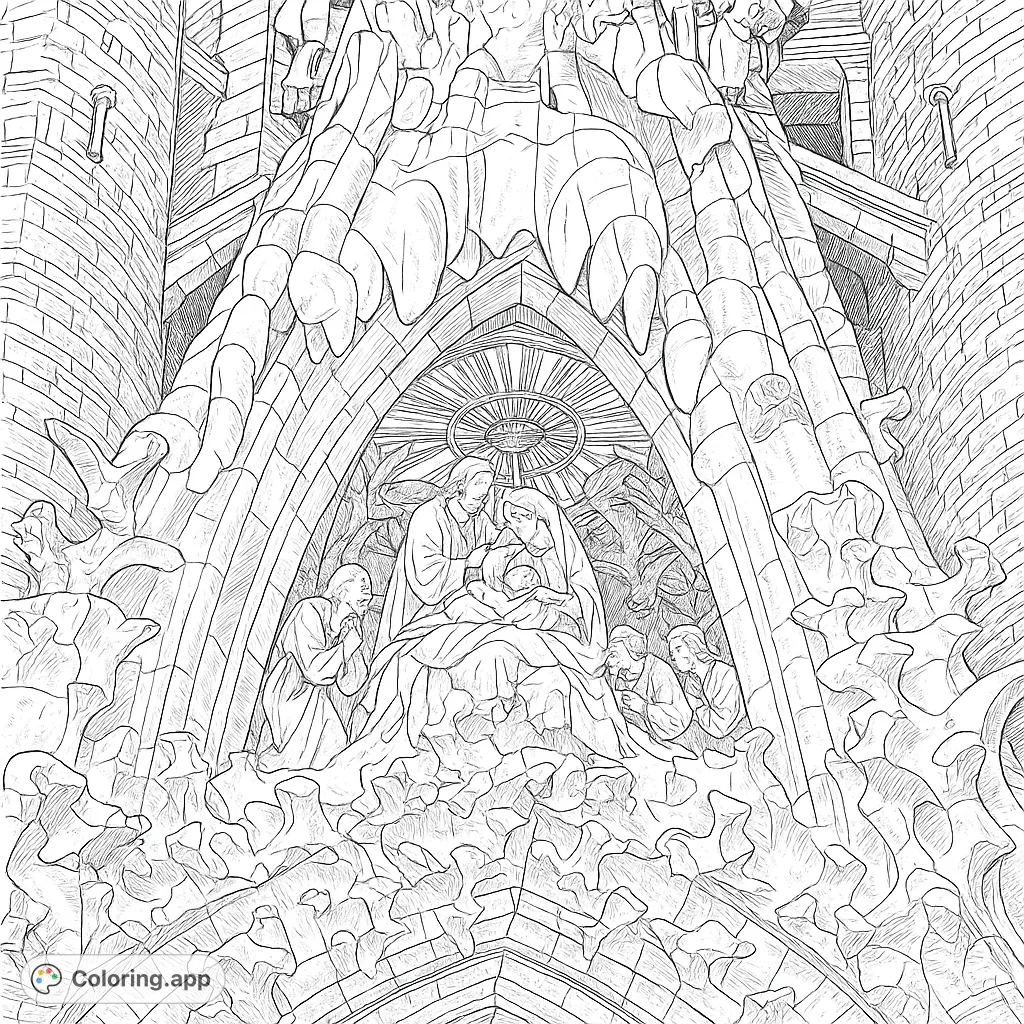 Immerse yourself in the intricate details of a grand cathedral facade, featuring majestic sculptures and complex architectural elements. A challenging and rewarding coloring experience.