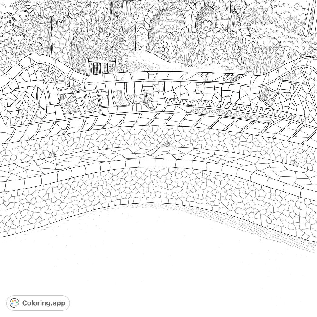 Discover a beautifully detailed mosaic park bench, featuring intricate tile work and a lush garden background, perfect for a relaxing coloring experience.