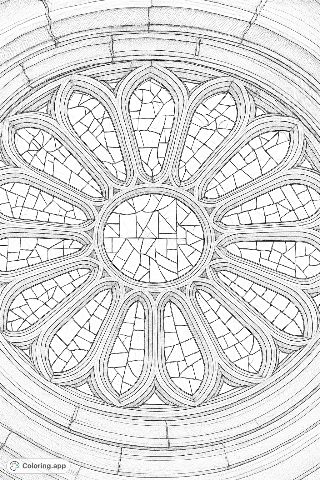 An intricate stained glass rose window featuring a central medallion, radial petal shapes, geometric patterns, and detailed framework, set within a textured stone arch.
