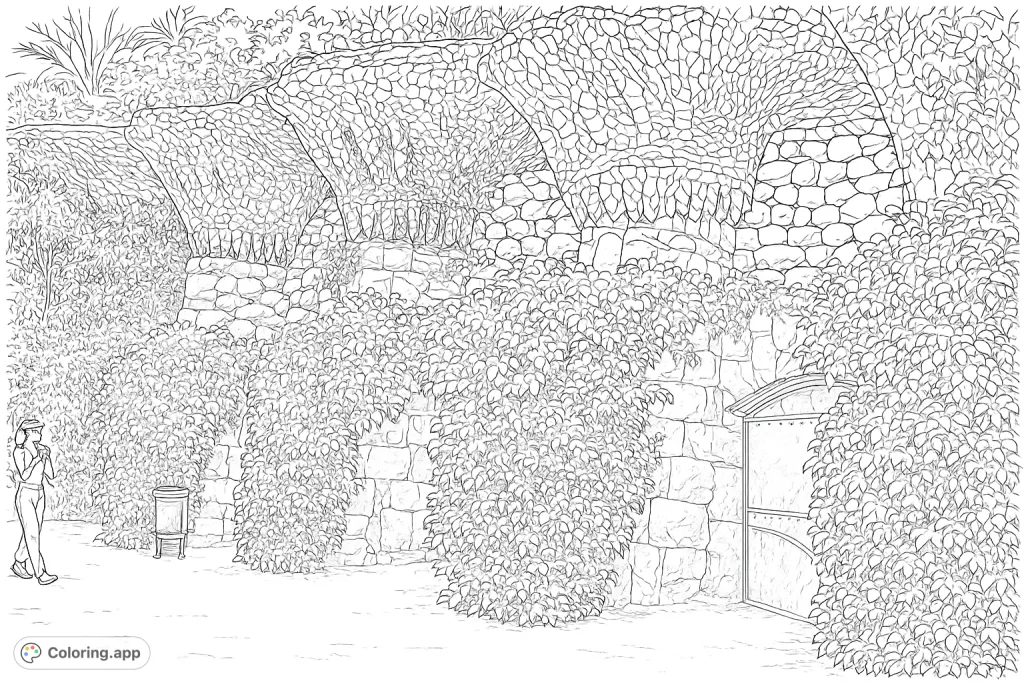 Immerse yourself in a highly detailed architectural garden coloring page, featuring intricate stone arches, lush foliage, and abundant floral clusters. A realistic scene.