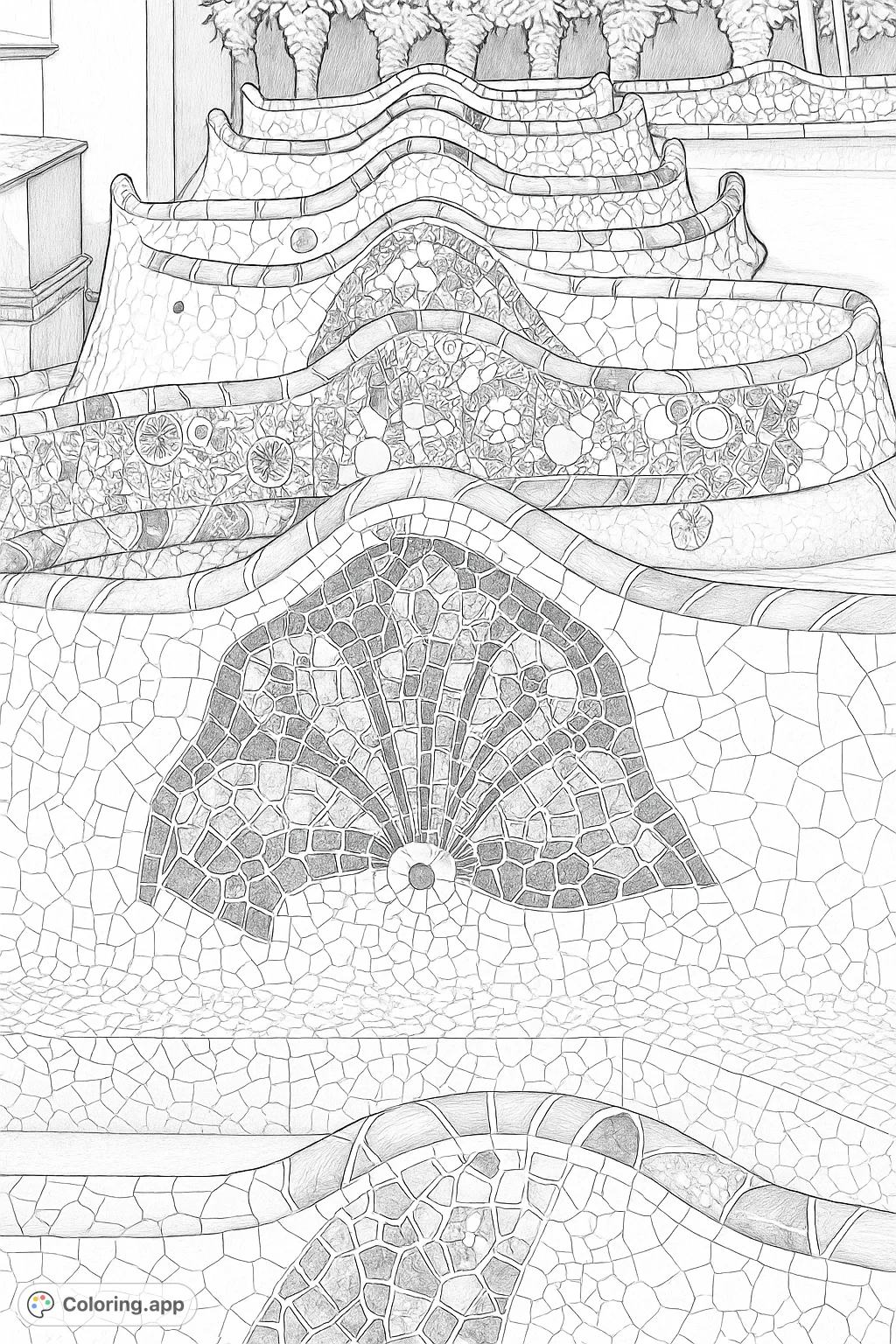 Explore the famous Park Güell mosaic bench. A highly detailed architectural masterpiece with intricate patterns and textures, perfect for a challenging and rewarding coloring experience.