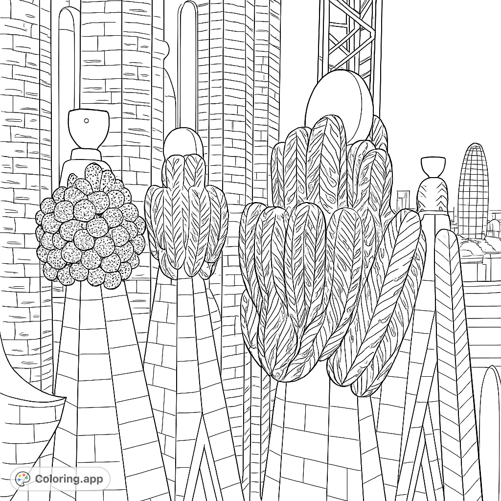An intricate Sagrada Familia architectural coloring page featuring detailed fruit sculptures atop spires, offering a challenging and rewarding experience.
