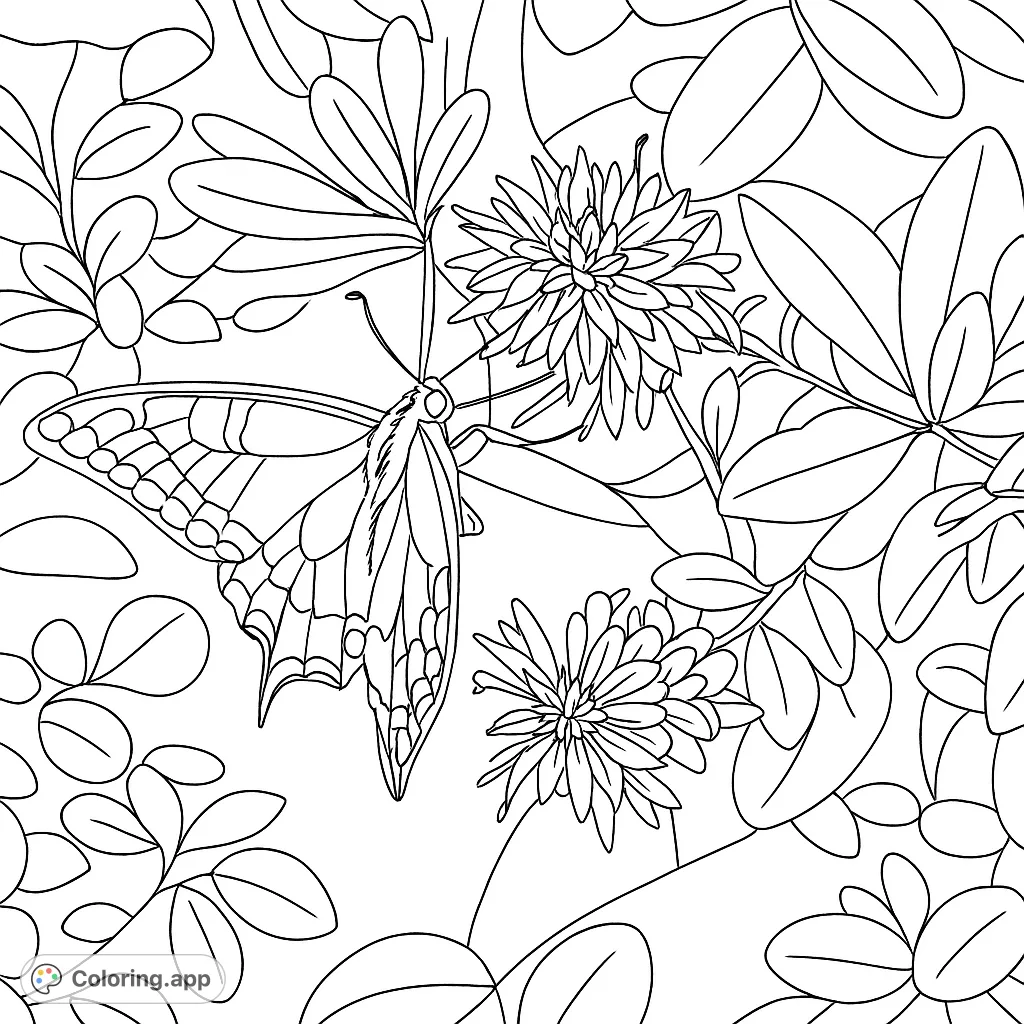 A magnificent swallowtail butterfly gracefully resting on a delicate cluster of blossoms, inviting intricate coloring. Discover detailed wings and floral beauty.