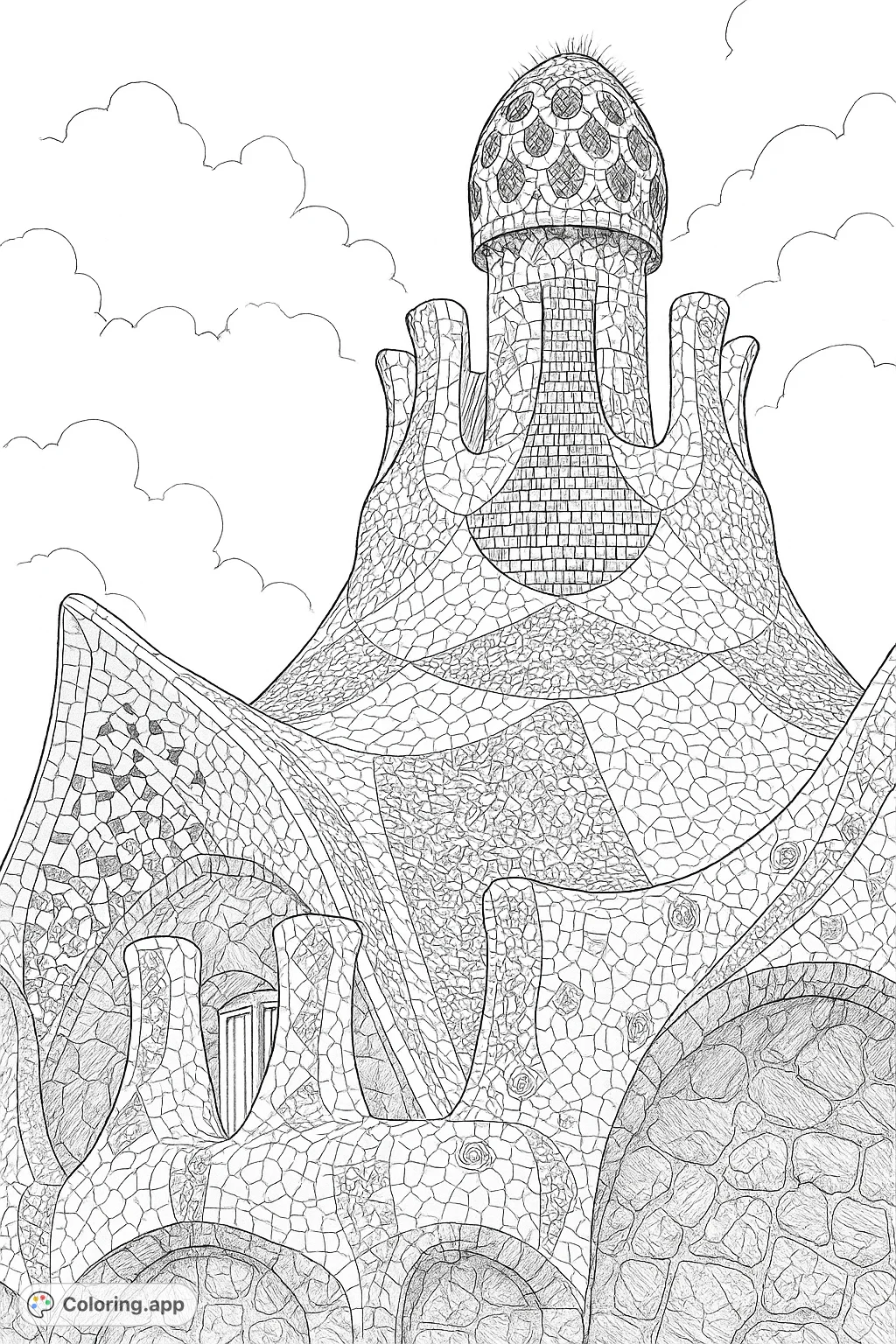 Immerse yourself in a highly detailed architectural wonder, featuring intricate mosaic patterns and organic forms. A realistic design for an engaging coloring experience.