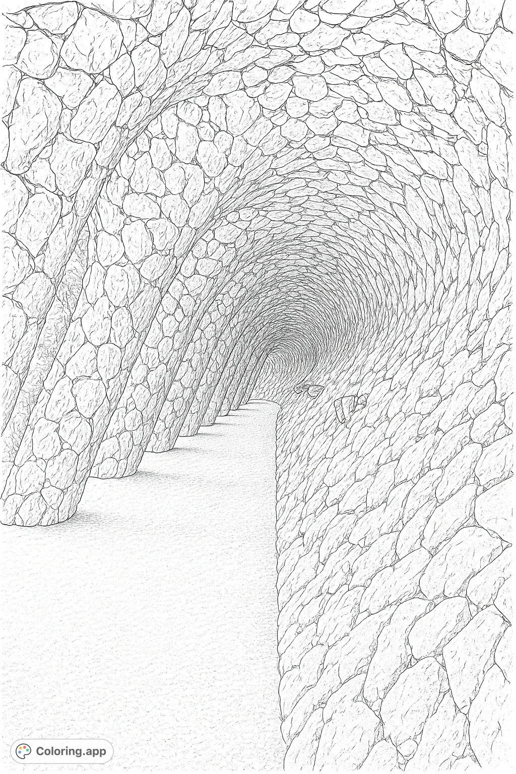 Explore a detailed, winding stone archway coloring page, featuring textured columns and walls that recede into an intriguing architectural perspective. Highly intricate!