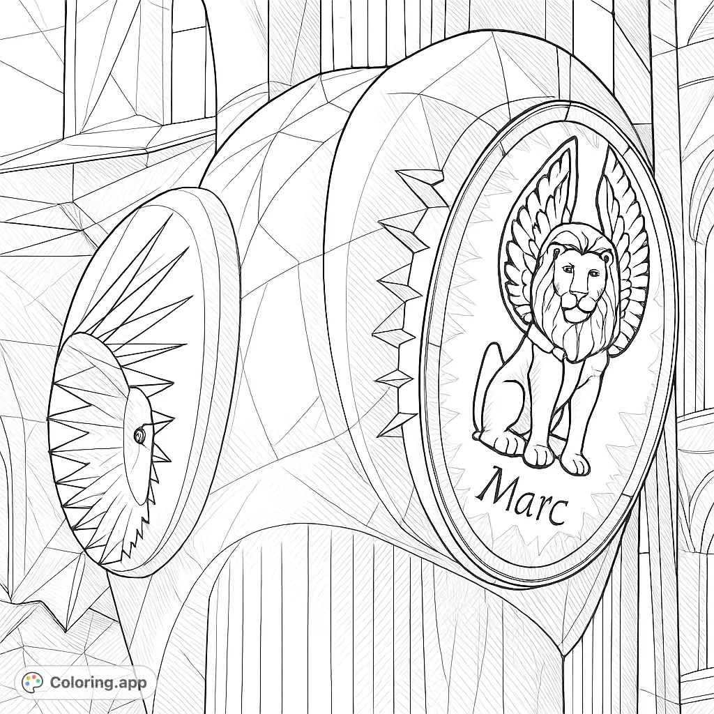 Explore an intricate architectural detail featuring a majestic winged lion on an oval plaque, set against a backdrop of complex, sculpted forms and serrated patterns.