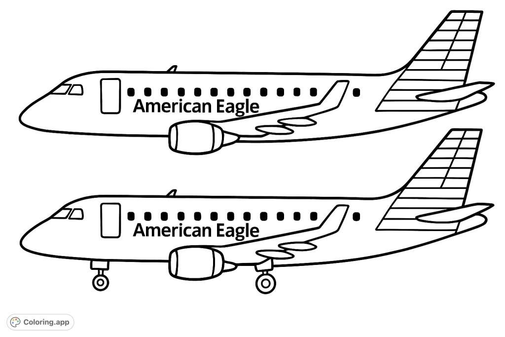 Two detailed passenger jet airplanes, one ready for takeoff with landing gear extended and another in smooth flight. A free printable aviation coloring page.