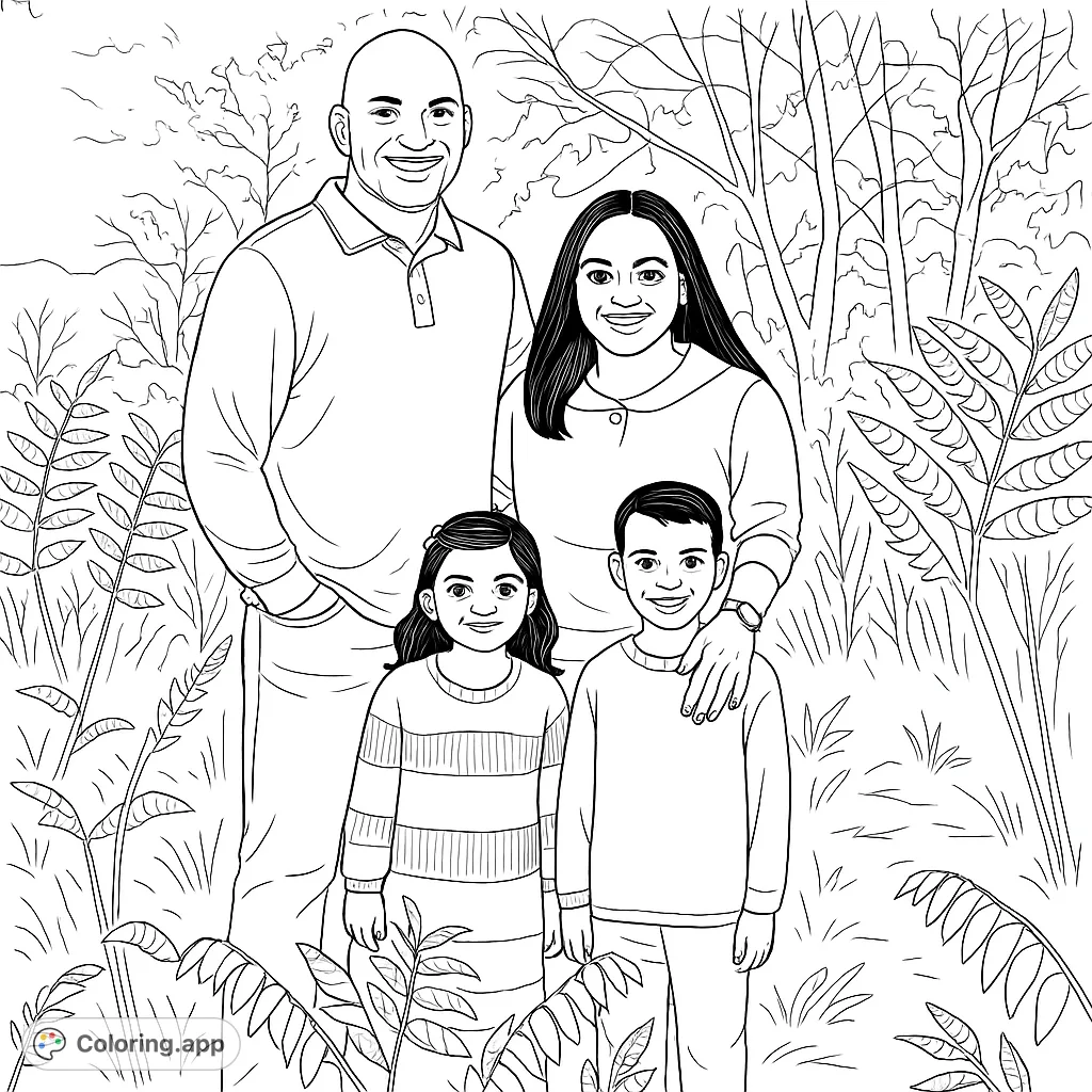 Capture a heartwarming family portrait in a vibrant outdoor setting. Perfect for coloring, this page features four smiling family members surrounded by natural elements.