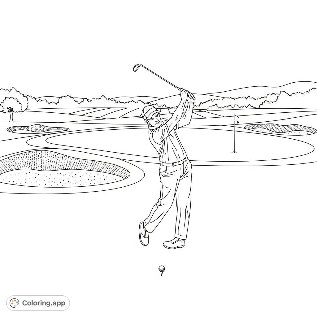 Capture the excitement of the links with this dynamic golf coloring page! Featuring a golfer mid-swing on a scenic course. Perfect for sports fans!