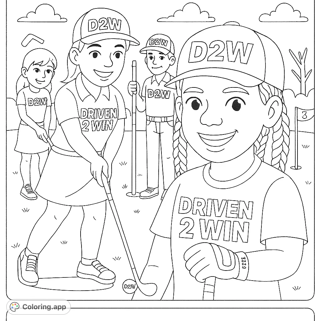 A group of young golfers enjoying a sunny day on the course. Features a smiling girl, another mid-swing, and other players. Perfect for sports fans.