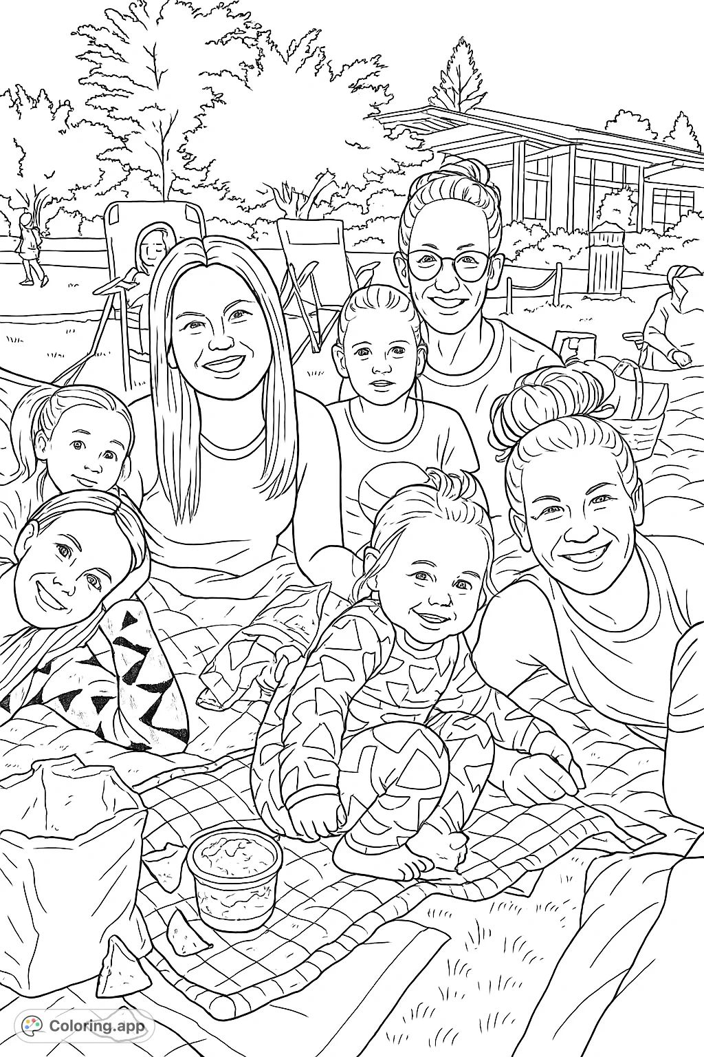 Capture a heartwarming outdoor gathering with smiling women and children enjoying a picnic on blankets. Perfect for all ages!